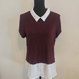 Burgundy & White Collared Top